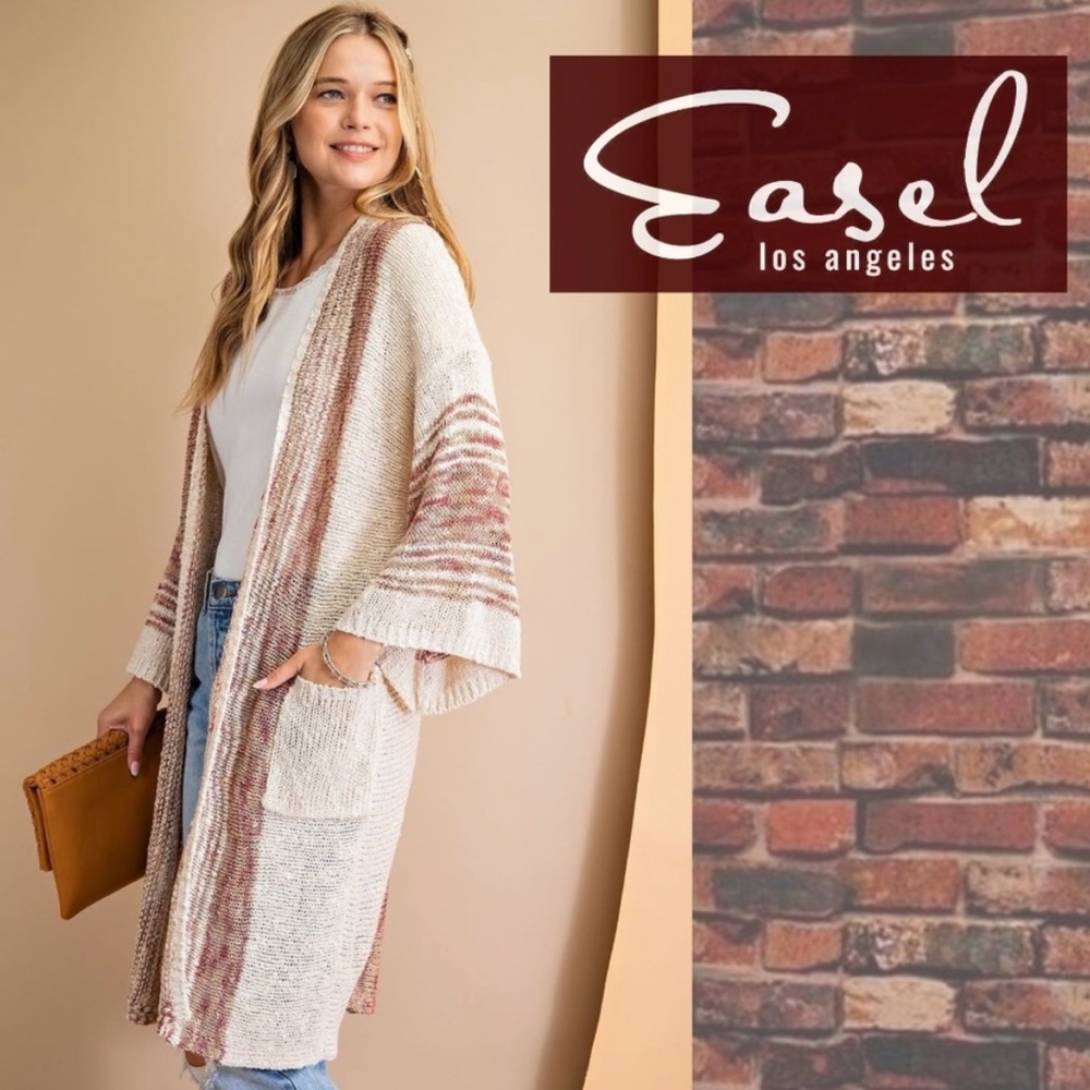 Easel Women's Cream and Pink Striped Cardigan